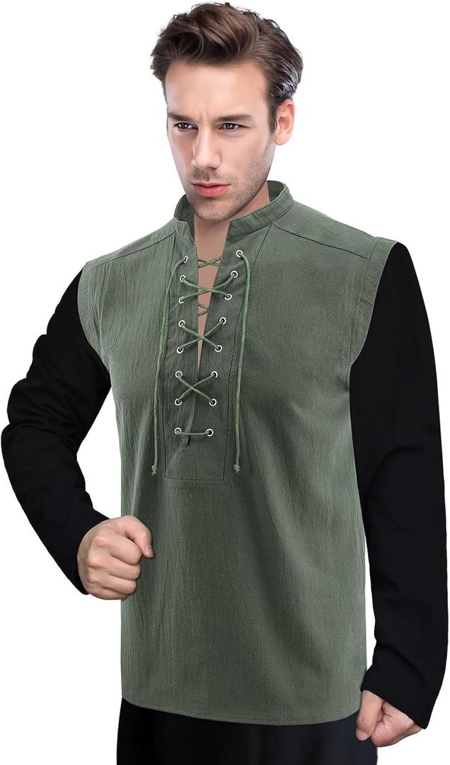 Men's Renaissance Costume, Pirate Shirt, Retro Lace-up Style for Medieval, Viking, Hippie and Halloween Cosplay (Green, XXL)