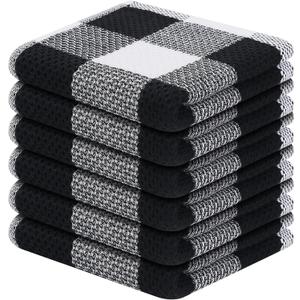 Homaxy 100% Cotton Waffle Weave Check Plaid Dish Cloths, 12 x 12 Inches, Super Soft and Absorbent Dish Towels Quick Drying Dish Rags, 6-Pack, White & Black