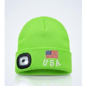 LED Beanie Hat with Rechargeable Headlight & Rear Red Light, 3 Modes, USB Charging, Warm Winter Cap with USA Logo