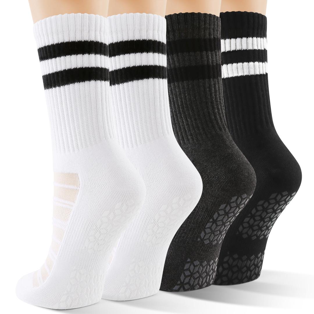 CS CELERSPORT Pilates Socks for Women, 4 Pairs Yoga Crew Non Slip Grip Socks for Barre Hospital Gym, Black+White+Grey, Small (S)
