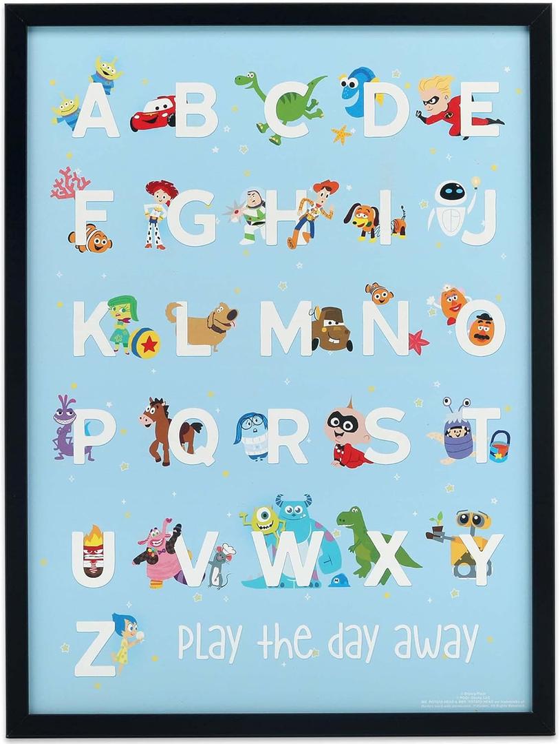 Disney Pixar Alphabet Framed Wood Wall Decor - Large Pixar Movie Wall Art Featuring Toy Story, Cars, The Incredibles and More (Blue)