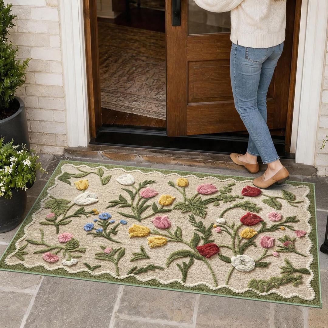 3x5 Small Beige Floral Entryway Rug, Neutral Farmhouse Front Door Mat, Washable Non Slip Thin Low Pile Floor Mat for Indoor Outdoor Kitchen Bathroom Porch