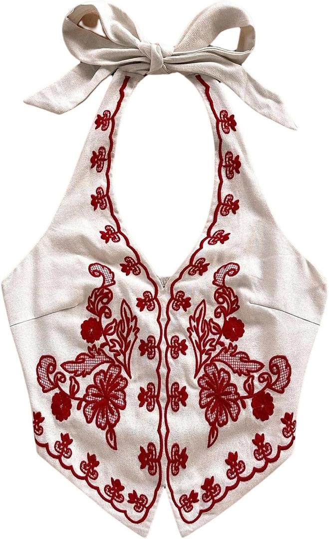 OYOANGLE Women's Floral Boho Summer Halter Crop Tops Embroidery Vacation Tank Top Tie Backless Vintage Going Out Tops,  XL