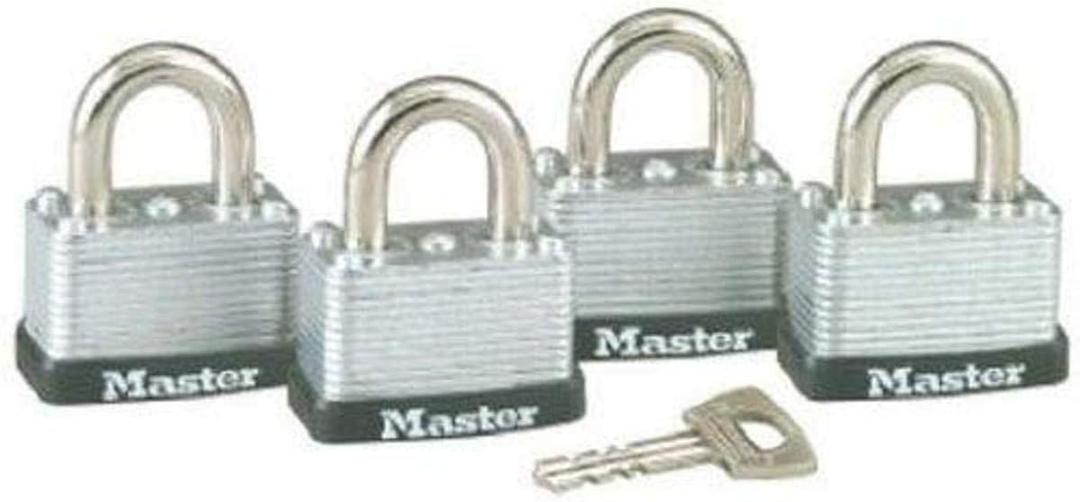 Master Lock 3009D Keyed-Alike Warded Padlock, Steel, 1-1/2-inch Wide Body, 4-Pack, 2-Keys Included , Silver