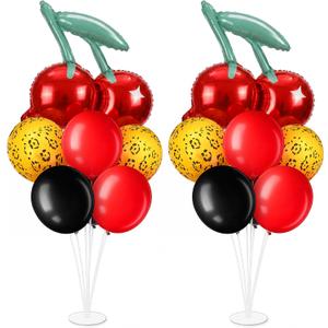 2 Sets Cherry Cheetah Birthday Party Decoration Balloons Stand Kit with 14 Cherry Foil Red Black Cheetah Leopard Print Balloons for Bachelorette Y2k Party Women Night Wedding Table
