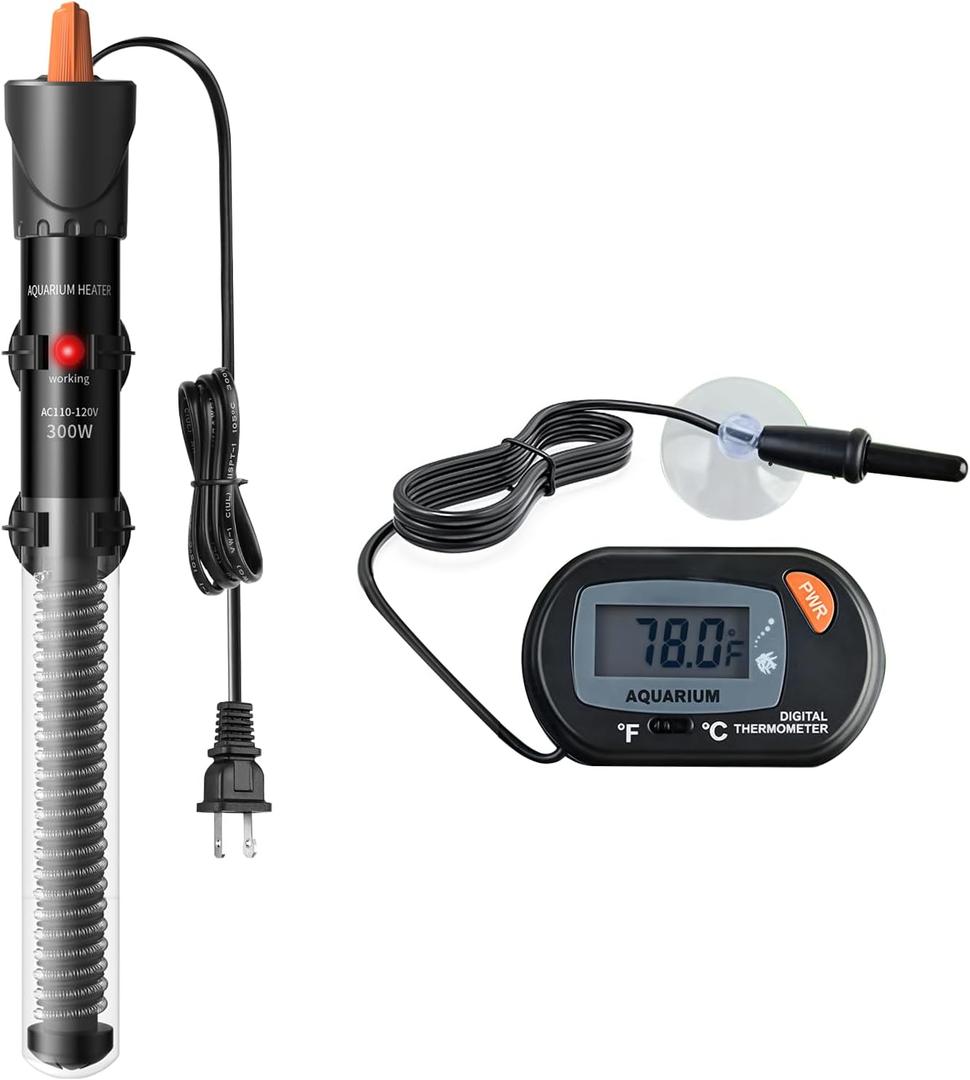 HiTauing Aquarium Heater 25W/50W/100W/200W/300W, Adjustable Knob Fish Tank Heater with Digital Thermometer, Submersible Betta/Turtle Tank Heater for Freshwater and Saltwater Tanks
