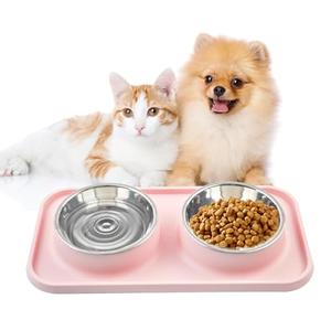 MUYG Double Dog Food Bowls with Mat,Stainless Steel Dog Bowls with No Spill Non Skid Silicone Mat Removable Cats Water and Food Bowl Set for Puppy Cats Kitten Small Medium Dogs(Pink)
