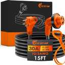 30 Amp RV Extension Cord,15 ft,Heavy Duty Generator Extension Cord with LED Power Indicator,30 AMP Female 90 Twist Lock Adapter with Reverse Polarity Lamp,NEMA TT-30P to L5-30R,120V/125V