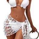 Blooming Jelly Womens 3 Piece Swimsuits Triangle Halter Thong Bikini Set Butterfly Bathing Suits Sarongs (X-Small, White)