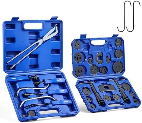 Orion Motor Tech Brake Caliper Compression Tools, 2-in-1 32pc Disc & Drum Brake Service Tool Set with 18 Blackened Adapters, Caliper Piston Compressor Tool with Hangers Spoons Installer Retainer, Blue