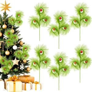 17 Inch Christmas Tree Picks, 6 PCS Lime Green Furry Curly Stems with Red Glitter Balls, Flexible Christmas Tree Topper Decorations for Holiday Arrangements, Wreaths & Table Christmas Decor