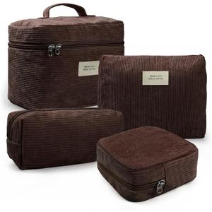 4 Pcs Makeup Bag for Women Corduroy Cosmetic Bag Aesthetic Cute Bags Multi Size Purse Pouch Travel Toiletry Bag Set Makeup Organizer with Zipper(Brown) (05-Khaki)