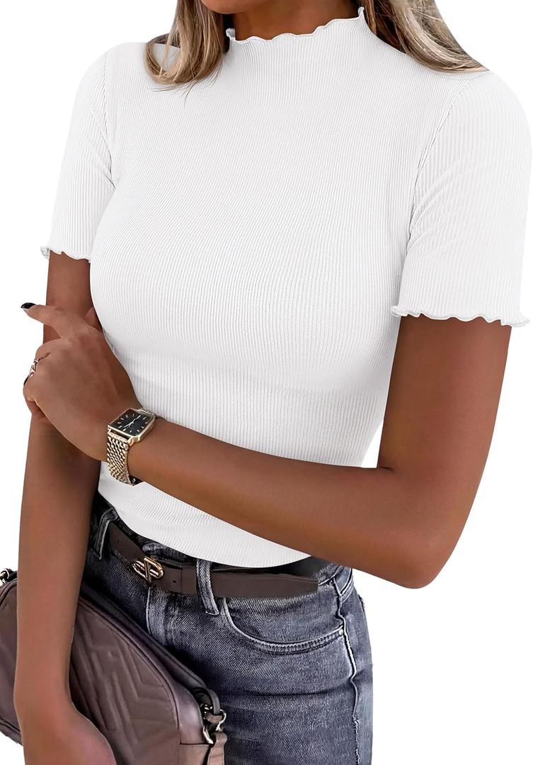 PRETTYGARDEN Short Sleeve T Shirts for Women Summer Clothes 2026 Casual Spring Tops Ruffle Mock Neck Ribbed Fitted Basic Tees (White,Medium)