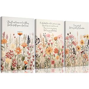 3Pcs Christian Floral Canvas Wall Art Prints Bible Scripture Wildflowers Paintings Flowers Pictures Wall Decor for Church Prayer Room Living Room Home Decoration 16x24IN