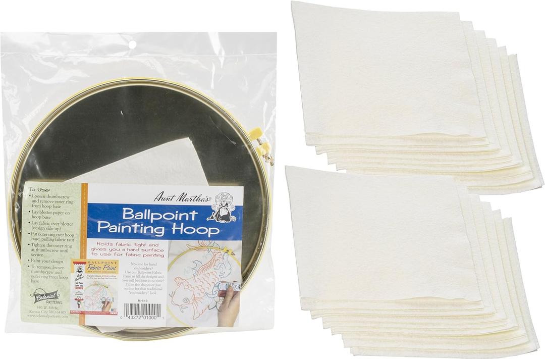 Aunt Martha's Ballpoint Metal Painting Hoop 10 inches Bundle with Replacement Blotters 12 Sheets