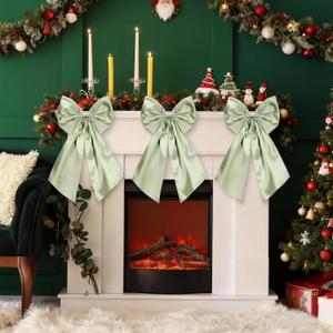 Suncalla 3 Pcs 2 FT Large Bow Decorations Big Sage Green Satin Bows Hanging Wall Decors for Wedding Coquette Birthday Backdrop Bridal Shower Bachelorette Christmas Room Fireplace Party Supplies