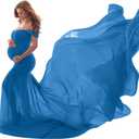 Women Maternity Dress for Photography Mermaid Off Shoulder Slim Fitted Chiffon Gown Flowy Baby Shower Maxi Photo Props Dress (One Size, Sky Blue)