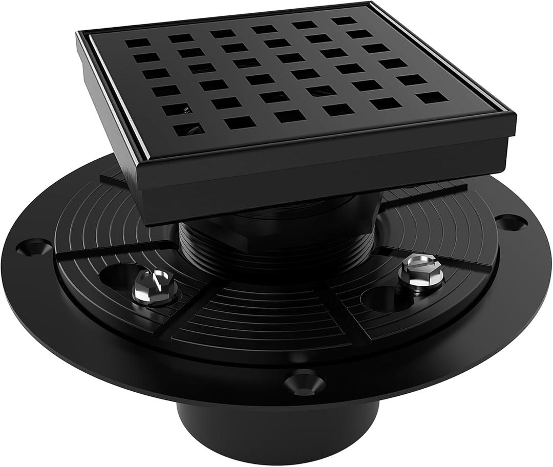 WEBANG 4 Inch Square Shower Drain Black Floor Drain with Flange Square Holes Pattern Cover Grate Removable SUS304 Stainless Steel Watermark&CUPC Certified Matte Black