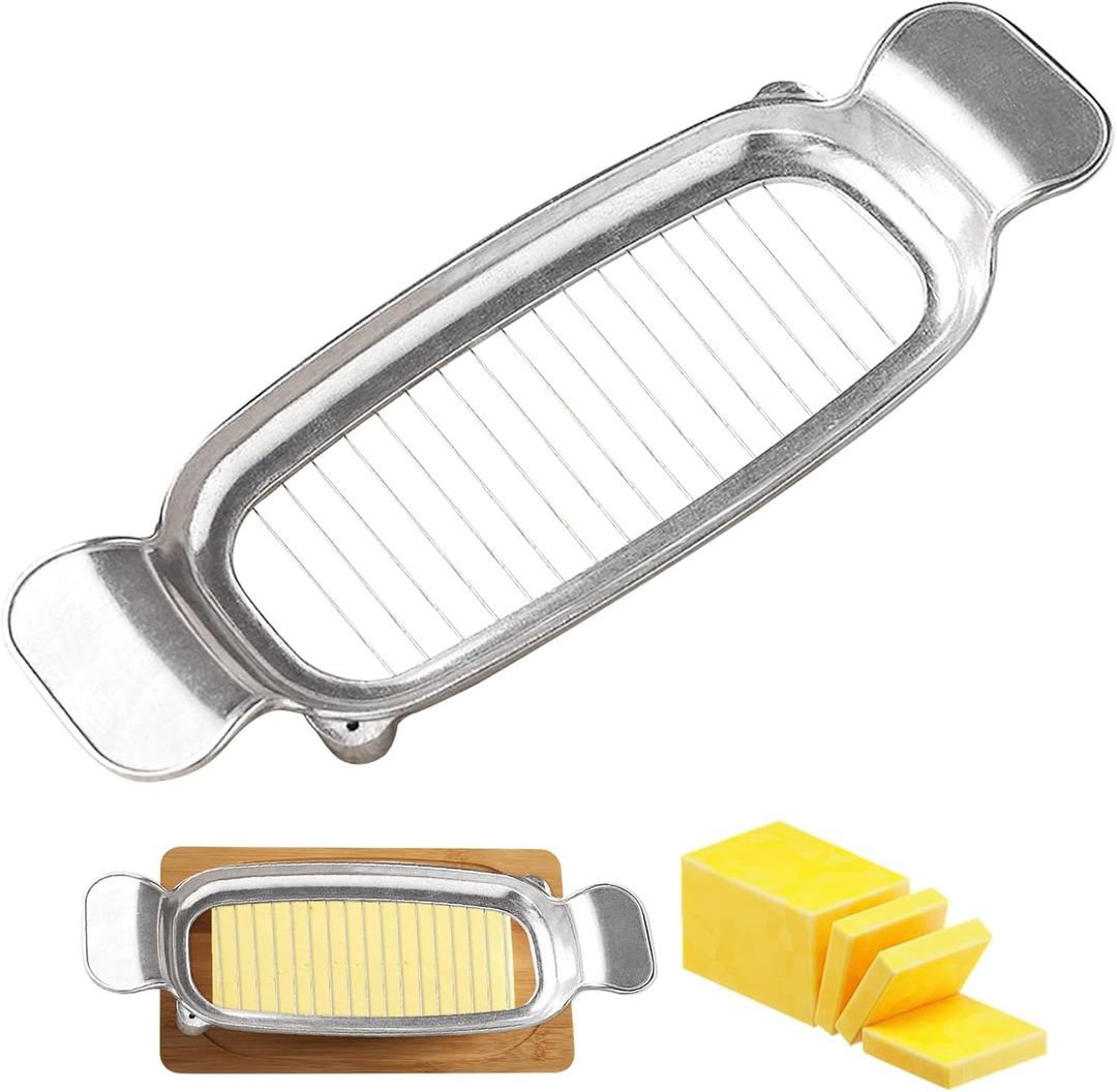 Butter & Cheese Slicer Cutter, Stainless Steel Wire Cheese Slicer, Safe for Food Contact, Multipurpose Handheld Butter Cutter for Block Cheese, Butter, Soft Fruits, and Dishwasher Safe (Silver Gray)