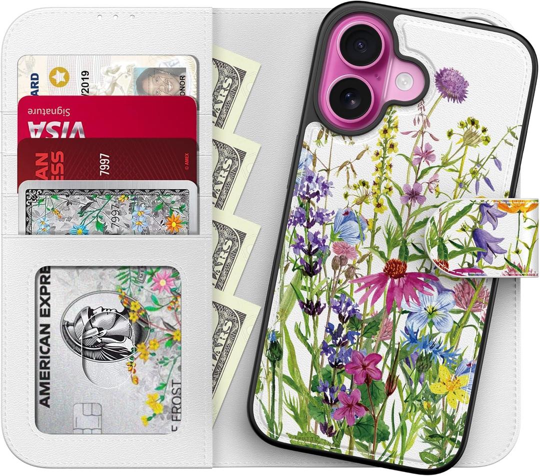 LUHOURI for iPhone 16 Plus Case Wallet - Wireless Charging Compatible Detachable Flip Folio Leather Cover - RFID Blocking 4 Card Slots - Protective Phone Case for Women - Vintage Magnolia Flowers