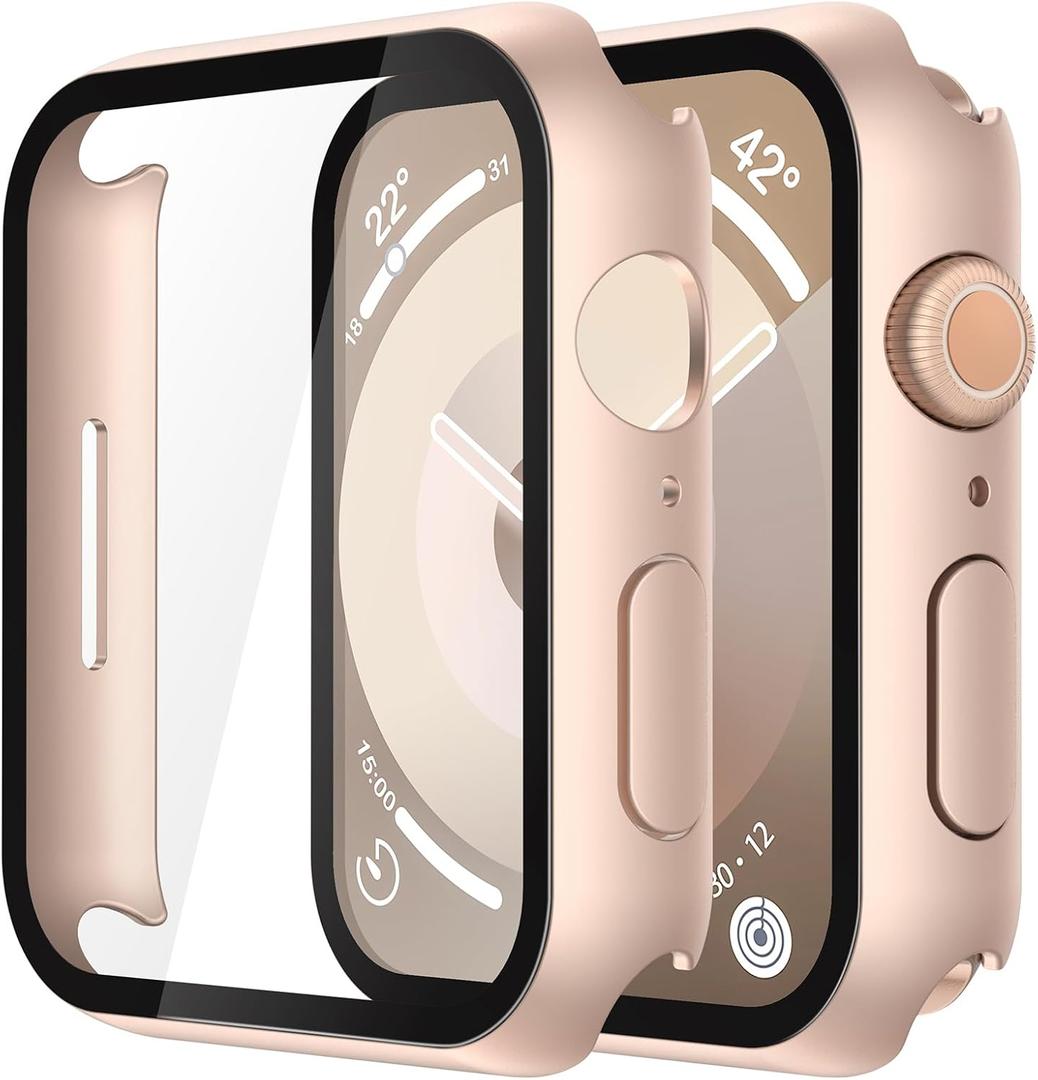 Misxi 2 Pack Tempered Glass Case Compatible for Apple Watch Series 9 Series 8 Series 7 45mm, Hard PC Screen Protector Overall Protection Scratch-Resistant Cover for iWatch, 1 Rose Gold + 1 Transparent