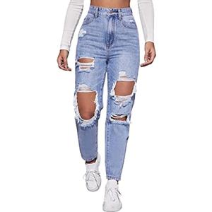 LINUMIN Women's High Waist Straight Leg Ripped Jeans Distressed Denim Pants (Blue, XL)