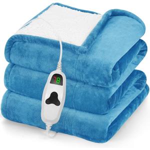 greenoak Heated Blanket Electric Throw 50"X60", Heating Blankets with 10 Heat Levels 8 Hours Auto-Off, Soft Flannel Sherpa Fluffy House Warming Gifts for Grandma Seniors Momt, Pale Blue