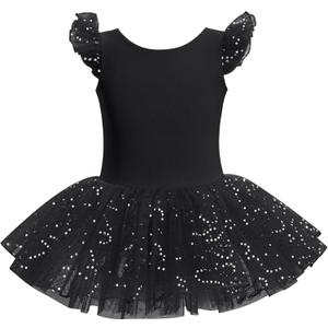 Kid Girls Classic Ruffle Sleeve Ballet Skirted Leotard Shiny Dance Tutu Dresses Ballerina Costume (Black)