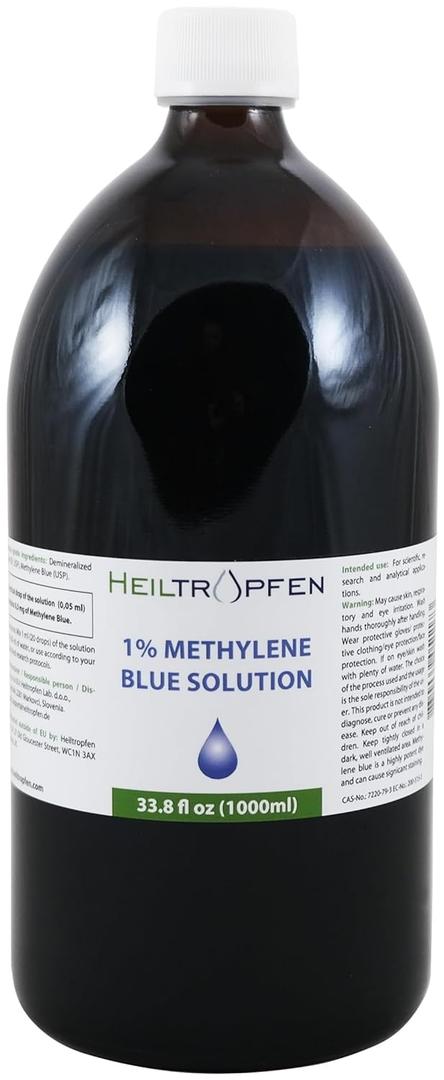 Methylene Blue 1% Solution 33.8 Fl Oz - 1000 ml | Ultra High Purity | USP Pharma Grade Ingredients - Third-Party Tested | Formaldehyde Free | Glass Bottle | Heiltropfen
