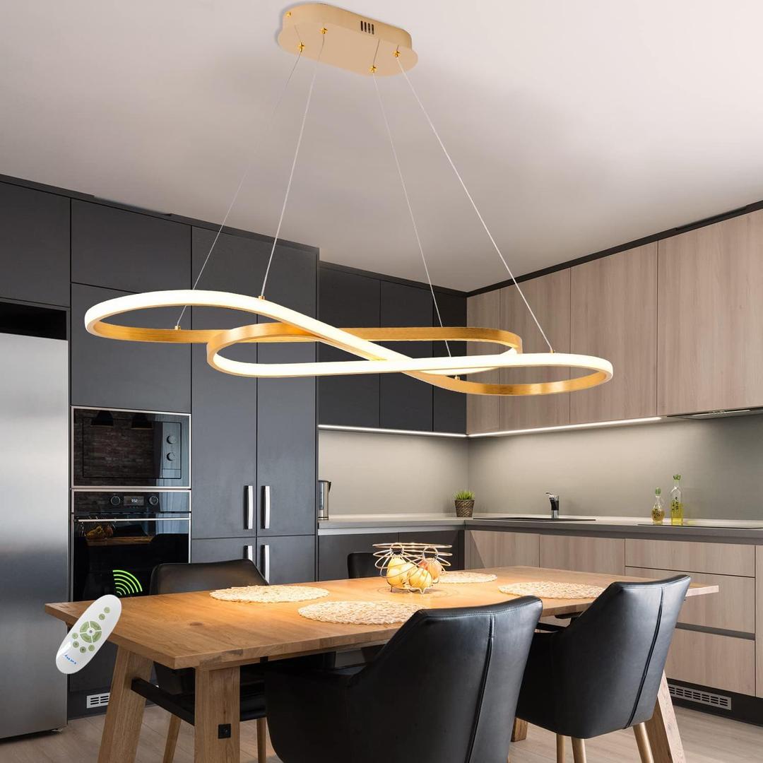 Gold Led Chandelier for Kitchen Island Lighting,Dimmable Modern Chandelier for Dining Room, L39.4" Modern Led Pendant Light Fixture Height Adjustable Brushed Gold Dining Room Light Fixture Over Table, 39.37in