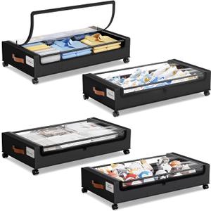 Yecaye 4 Pack Under Bed Storage with Wheels, Under Bed Storage Containers with Lids, Large Under Bed Rolling Storage with Clear Window & Label, Rolling Drawers for Clothes, Blankets, Books (Black)