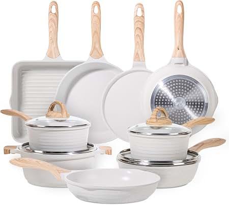 JEETEE 23pcs Pots and Pans Set Non Stick, White Cookware Sets for Kitchen, w/Frying Pans, Saucepans, Saut & Griddle & Crepe Pan, Induction Cooking Pots (PFOA/PFAS Free), 23 pcs White Aluminum
