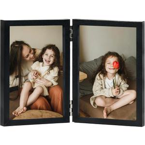4x6 Double Picture Frame Hinged Folding Vertical Stand on Tabletop, Wood Two Openings 4x6 Double Photo Frame Collage with Shatter Resistant Plexiglass, Black