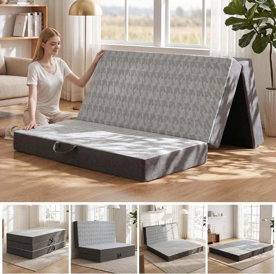6" Trifold Mattress Full Size, Thick Memory Foam Futon Topper with Portable Handles & Removable Washable Cover, Floor Sofa Bed with Non-Slip Bottom for Camping Pad, Guest Bed, Yoga, Rv (Grey)