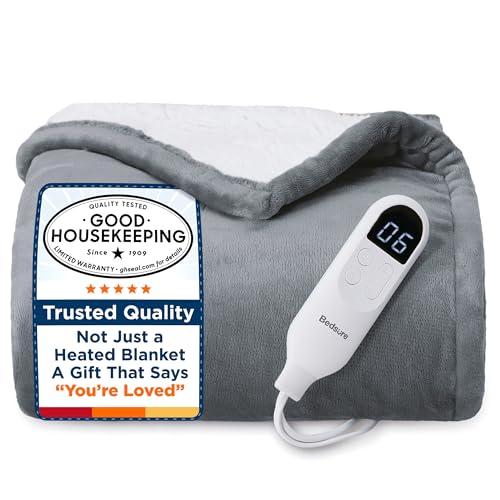 Bedsure Heated Blanket Throw Blanket - Fast Heating Electric Blanket, Soft Flannel Heated Throw with 4 Time Settings, 6 Heating Settings, Warm Gifts for Grandma & Grandpa & Seniors (50"x60", Grey)
