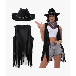 Western Outfits for Women Cowgirl Tassel Sleeveless Vest Cowboy Hat and Paisley Bandana
Medium