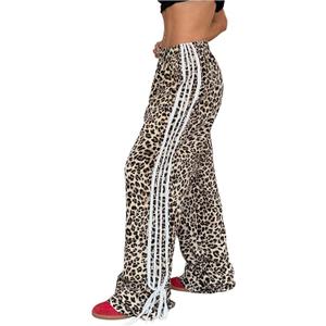 Verdusa Women's Loose Wide Leg Pants Tie Side Striped Elastic Waist Trousers (Brown Leopard)