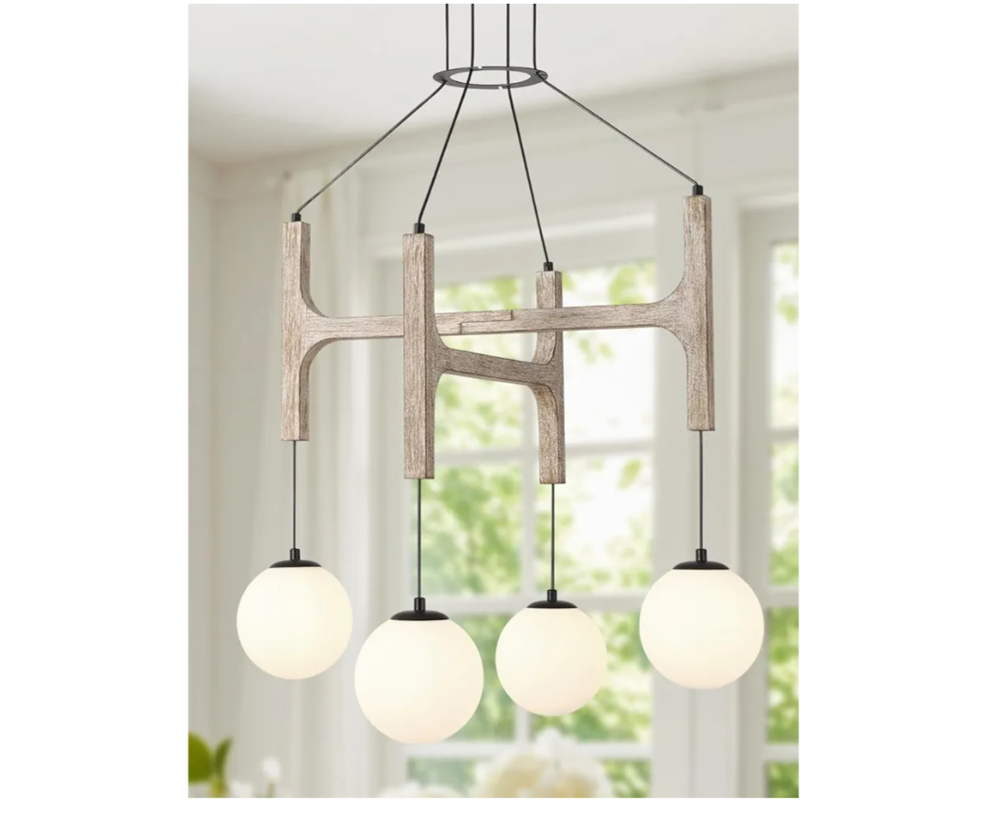 Farmhouse Antique White Wood Chandelier, 4-Lights Rustic Dining Room Light Fixture Kitchen Island Lighting, Vintage Milk Glass Globe Pendant Chandelier Hanging for Living Room Entryway
