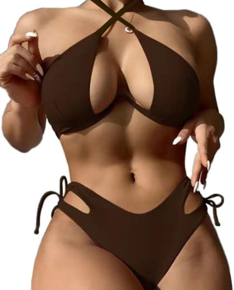 Sexy Bikini for Women Underwire Swimsuits Spaghetti Strap Swimwear Criss Cross Halter Bathing Suit 2 Piece (Large, Brown)
