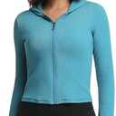 Abonlen Ribbed Hoodies for Women Lightweight Full Zip Up Jackets Long Sleeves Tops Fitted Cropped Sweatshirt L