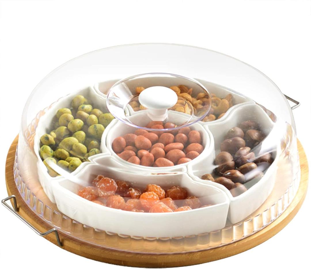 yarlung Ceramic Divided Serving Dishes Platter with Clear Lid, 11 Inch Bamboo Appetizer Tray with Handles 5 Removable Snacks Bowls Relish Tray for Candy and Nut, Chips and Dips, Veggies yarlung Ceramic Divided Serving Dishes Platter with Clear Lid, 11 Inch Bamboo Appetizer Tray with Handles 5 Removable Snacks Bowls Relish Tray for Candy and Nut, Chips and Dips, Veggies