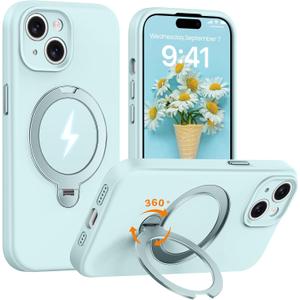 for iPhone 15 Case with 360 Rotatable Magnetic Ring Stand [Full Camera Protection] Mil-Grade Drop Shockproof, Soft Liquid Silicone Phone Case for Women Men (Light Green)