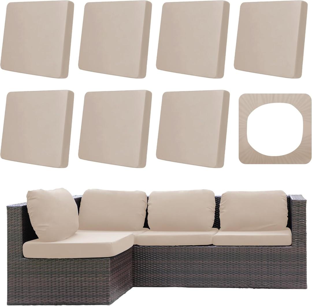 8Pcs Outdoor Cushion Covers, Patio Cushion Covers,Stretch Elastic Slipcovers, Replacement Washable & Reusable Furniture Protector for Patio Couch (Beige,Cover Only) (8Pcs-Solid Color)