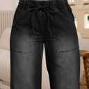 Eytino Womens Plus Size Jeans High Waisted Straight Leg Wide Leg Jean Trendy Stretchy Drawstring Denim Pants (Black, XL)