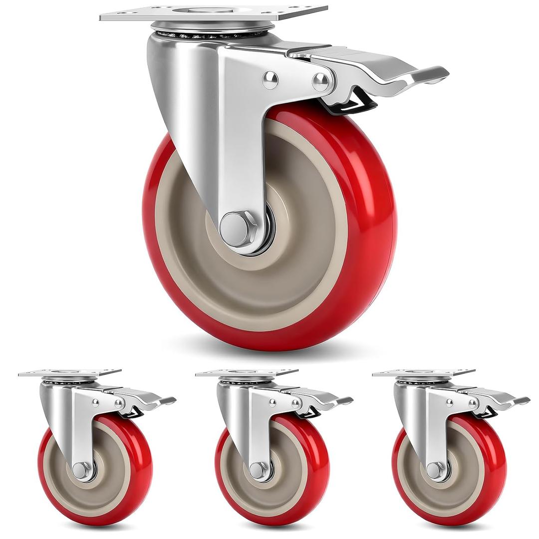 5 Inch Industrial Heavy Duty Swivel Caster Wheels with Brake,Set of 4 Safety Locking Casters,Load 2400lbs,Premium Polyurethane Wheels for Table,Trailer,Saw Table,Stage Toolbox,Bed,Corn Board (Red)