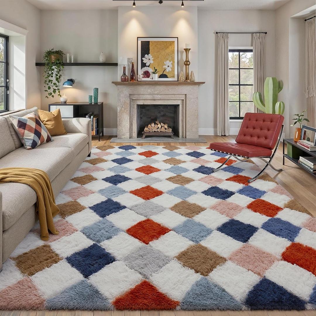 8x10 Checkered Rug for Living Room Rainbow Soft Fluffy Shag Area Rug Bedroom Modern Plush High Pile Non Slip Fuzzy Carpet for Aesthetic Home Decor