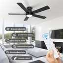POCHFAN 52 Inch Black Ceiling Fans with Lights and Remote, LED Low Profile Flush Mount Ceiling Fan for Bedroom, Living Room, with Quiet DC Motor, Dimmable 6 Speeds