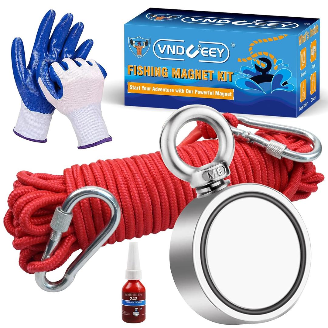 VNDUEEY Fishing Magnets with 750 lbs(340KG) Pulling Force Double Sided Magnet Fishing Neodymium Rare Earth Magnets with 65 Foot (20m) Durable Rope and Protective Gloves