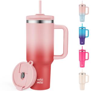 WETOWETO 40oz Tumbler with Handle | Insulated Stainless Steel Travel Mug | 34Hrs Cold & 10Hrs Hot Retention | 100% Leakproof Lid & Straw | Dishwasher Safe + Car Cup Holder Fit (Pink-Red Gradient)