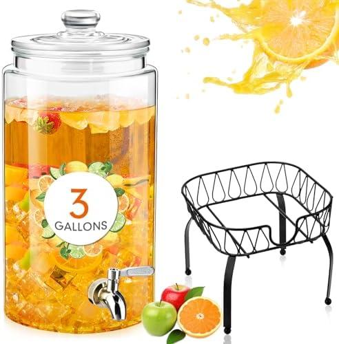 Honeydak 1 Pack 3 Gallon Glass Beverage Dispenser with Stand and Spigot Leakproof Glass Drink Beverage Storage for Parties Mason Jar Dispenser with Lids